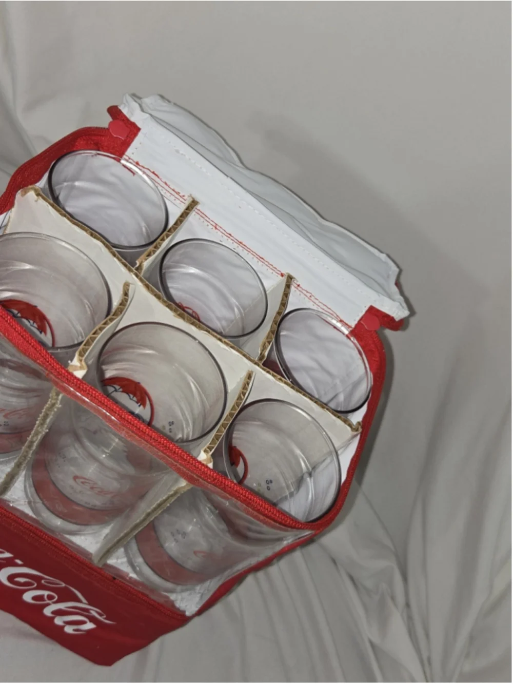 Coca Cola Insulated Tote Cooler Bag Six Pack w/ 6 Coke Anchor Hocking Glasses